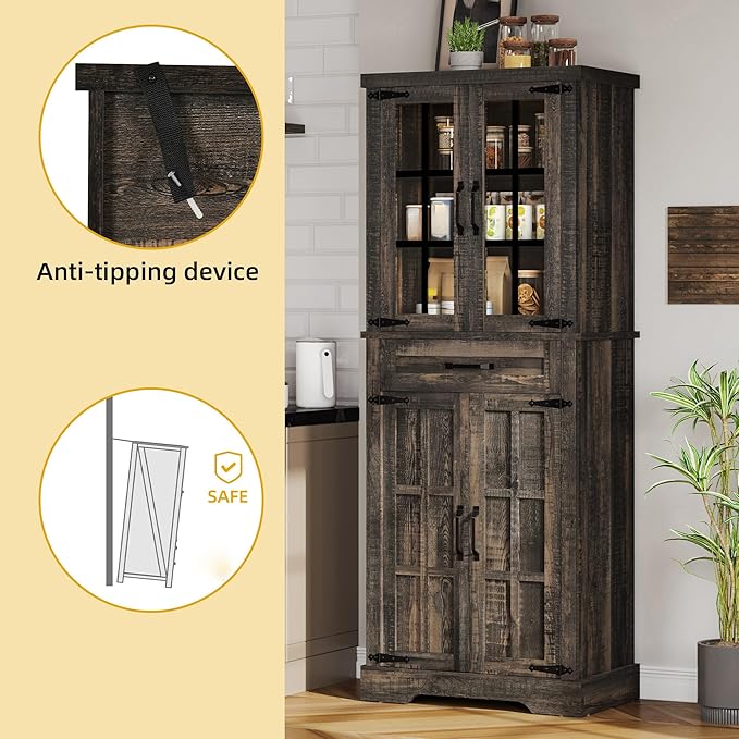 DWVO Farmhouse Kitchen Pantry Cabinet, 71" Tall Storage Cabinet with Adjustable Shelves & Glass Doors, Freestanding Kitchen Cupboard for Dining Room, Living Room, Dark Brown Oak
