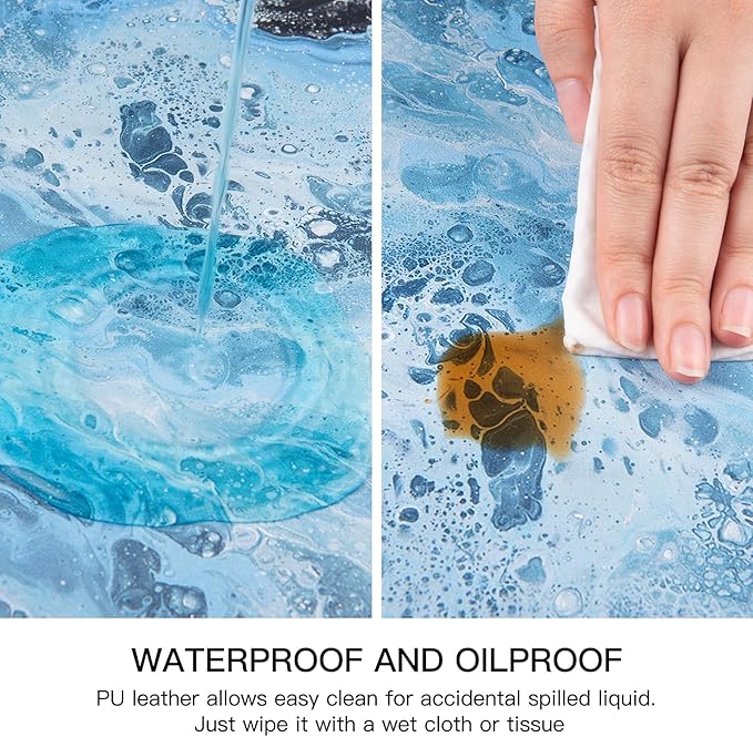 QIYI Placemats Set of 6, 12x18 Inch PU Leather Place Mats for Kitchen Dinning, Heat Resistant Anti Slip Pink Gold Table Mats, Waterproof Wipeable Washable Placemat Party Table Décor, Blue Fluid Marble