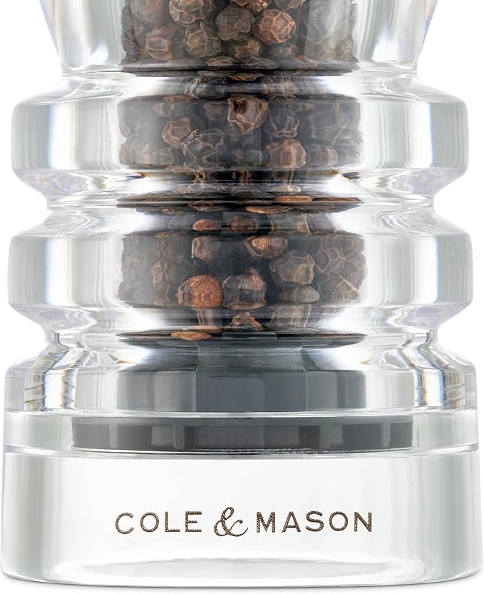Cole & Mason London Refillable Spice Mill - Kitchen & Home Accessory - Table Black Pepper Grinder - Pepper Mill with Carbon Steel Mechanism - 8", Acrylic