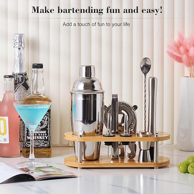 Cocktail Shaker Set Bartender Kit - 11 Pcs Bar Tool Set with Bamboo Stand & All Bar Accessories: Martini Shaker, Strainer,Jigger, Muddler, Mixer Spoon Barware Kit, for Bar, Home Lounge & Party
