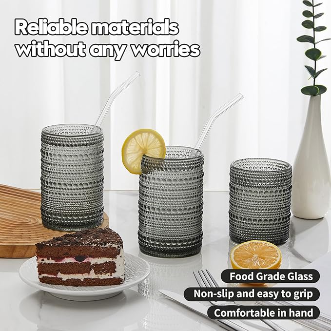 Hobnail Drinking Glasses Set of 6,15 oz Vintage Glassware Set Cocktail Glass Set, Embossed Grey Water Tumbler,for Beer, Whiskey,Juice and Various Mixed Drinks (15OZ Grey)