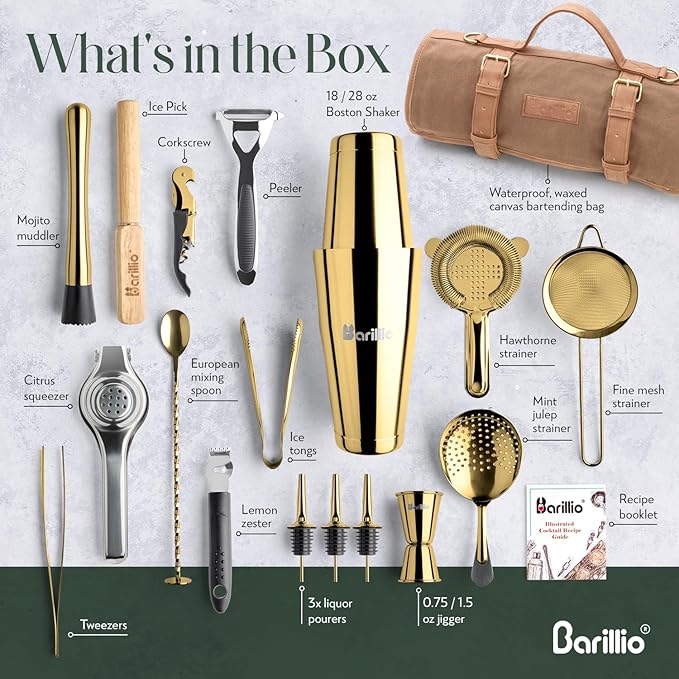 Barillio Bartender Kit Bag with Gold Cocktail Shaker Set - Waxed Canvas, Traveling Bar Tools Bag with 17-Pc Cocktail Kit - Travel Mixology Bartending Kits - Mobile Bar Roll with Strap & Accessories