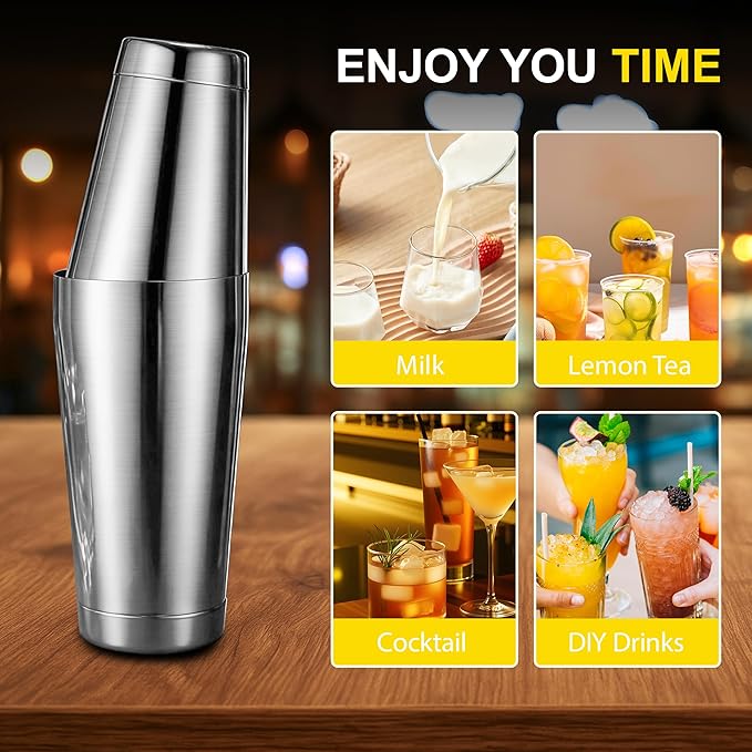 Boston Shaker Set, 18oz & 28oz 2-Piece Tins, Professional 304 Stainless Steel Cocktail Shaker with Leak-Proof Weighted Base for Bartending, Home & Bar Use (Silver)