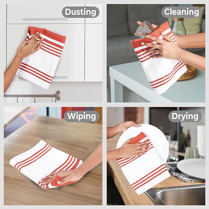 Urban Villa Fall Kitchen Towels 100% Cotton Pack of 6 Highly Absorbent Quick Drying Soft Premium Dish Towels for Kitchen with Hanging Loop Thanks Giving TeaTowels - 20x30 Inch (Rust & White Striped)
