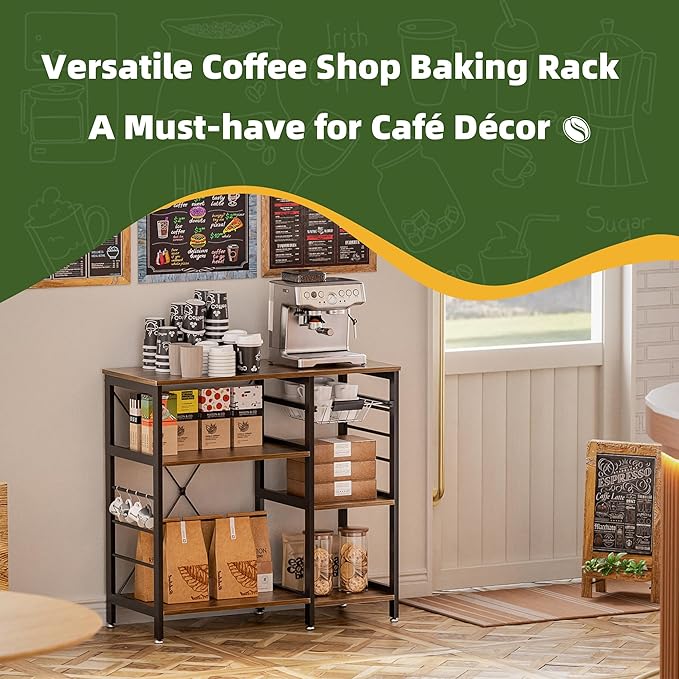 Baker’s Rack, Microwave Oven Stand with Bamboo Frame, 35.43" Coffee Bar with Wire Basket & 6 Hooks, 3-Tier Kitchen Storage Shelf Stand for Kitchen, Living Room, Office, Rustic Brown