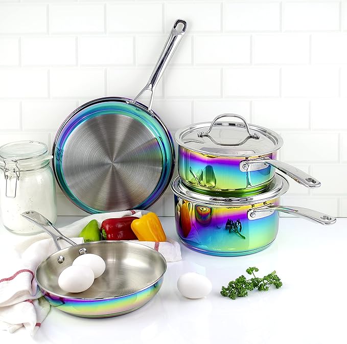 The Magical Kitchen Collection - Iridescent Rainbow Cookware Set - Premium Heavy Duty Stainless Steel and Titanium Pots & Pans Set - Rust Proof, Induction Stove & Oven-Safe (10 Piece)