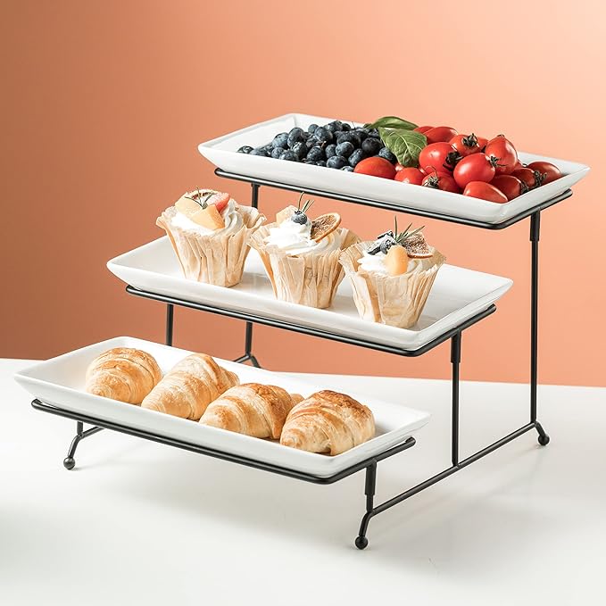 Gomakren 3 Tier Serving Trays Stand Porcelain Serving Platters 12 Inch White Serving Plates Dinner Platters for Appetizer Snack Fruit Cup Cake Server Tray Display Serving Dishes for Entertaining