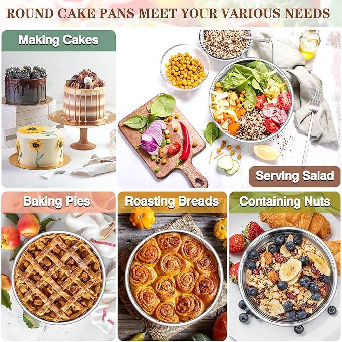 P&P CHEF Cake Pan Set of 4, Stainless Steel Baking Round Cake Pans Tins Bakeware for Birthday Wedding, Leak-proof & Easy Clean, Mirror Finish & Easy Releasing, 6 Inch