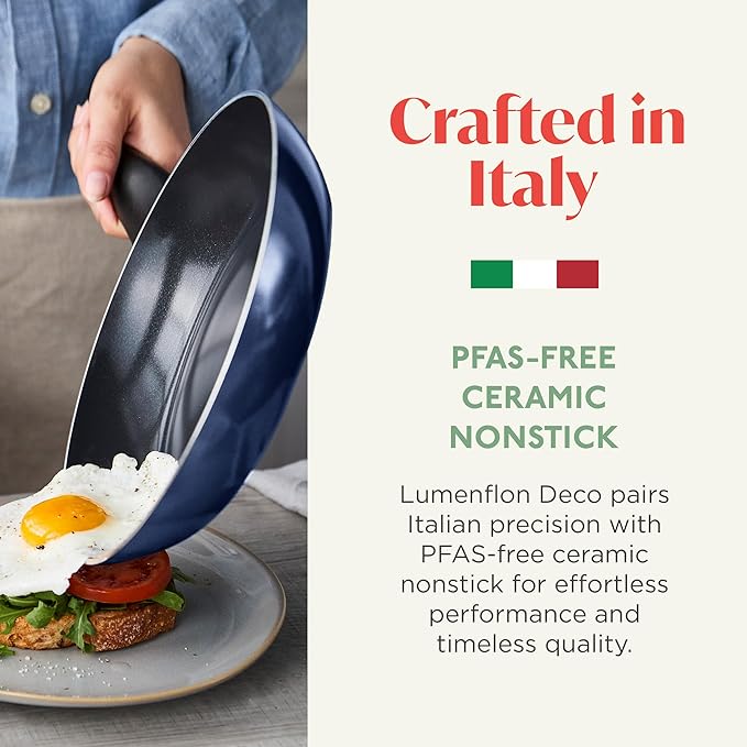 Deco 11” Nonstick Frying Pan Skillet, Made in Italy, Diamond Ceramic PFAS-Free, Dishwasher & Metal Utensil Safe, Durable Gloss Enamel Finish, Stay-Cool Handle, High Walls-Extra Room, Blue