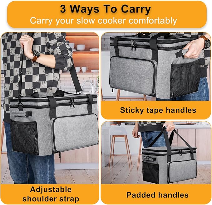 Slow Cooker Carrying Bag, Double Layer Insulated Design Slow Cooker Carrier with Removable Hard Liner and Pot Lid Fastener Fit for 6-8 Quart Crock Pot, Gray