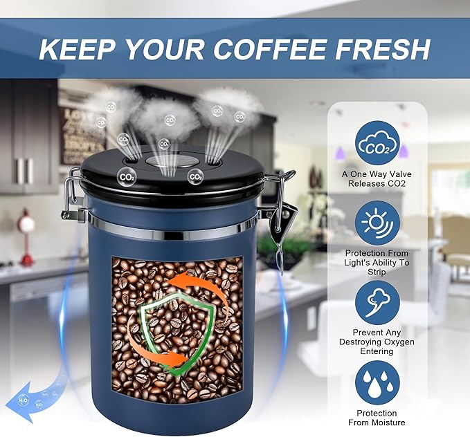 1800ML Airtight Coffee Canister with Date Tracker&Transparent Window, 22.8OZ Coffe Beans Storage with 30ML Measure Spoon&4 co2 Valve, Coffee Container for Grounds Coffee, Beans, Tea, Sugar&Flour(Blue)