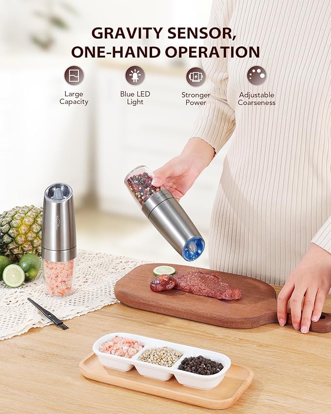 Sangcon Gravity Electric Pepper and Salt Grinder Mill Set Automatic Shakers Grinder with LED Light, Battery Powered Adjustable Coarseness One Hand Operation, Random X or XL Capacity