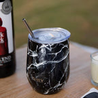 THILY Vacuum Insulated Stemless Wine Tumbler 12 oz Stainless Steel Wine Glass with Lid and Straw, Keep Drinks Cold or Hot, Christmas Birthday Gift, 2 Pack(White Marble + Black Marble)