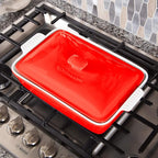 Stoneware Casserole Dish Bakeware Set with Lid, Covered Rectangular Dinnerware, Large 3.2 Quart, 11 by 9 Inch, Rosso [Red]