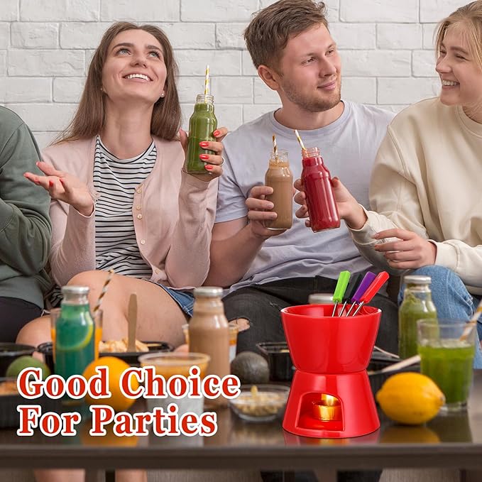 Nuogo 4 Pcs Fondue Pot Set Mini Melting Bowl Set with 16 Pcs Mini Forks for Cheese, Chocolate, Tapas, Butter and Caramel (Red)