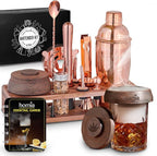 Bartender Kit with Whiskey Smoker - 13 pcs, Pine Stand - Bar Set with Cocktail Shaker, Bartending Kit with Essential Bar Accessory Tools, Wood Chips, Pink Gold