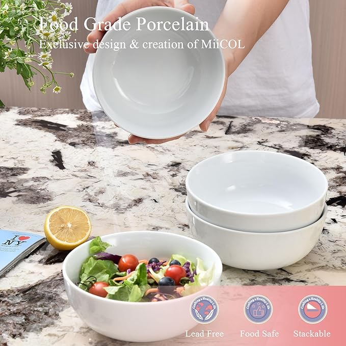 Miicol 6 Inch Ceramic Cereal Bowl, 20 oz White Small Bowls Set of 4, Tableware Suitable for Soup and Rice, Microwave and Dishwasher Safe