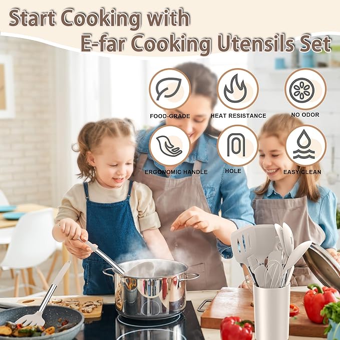 E-far Silicone Cooking Utensils Set, 14-Piece Khaki Kitchen Utensils Set with Holder, Kitchen Tools Spatulas with Stainless Steel Handle for Non-stick Cookware, Heat Resistant & Dishwasher safe