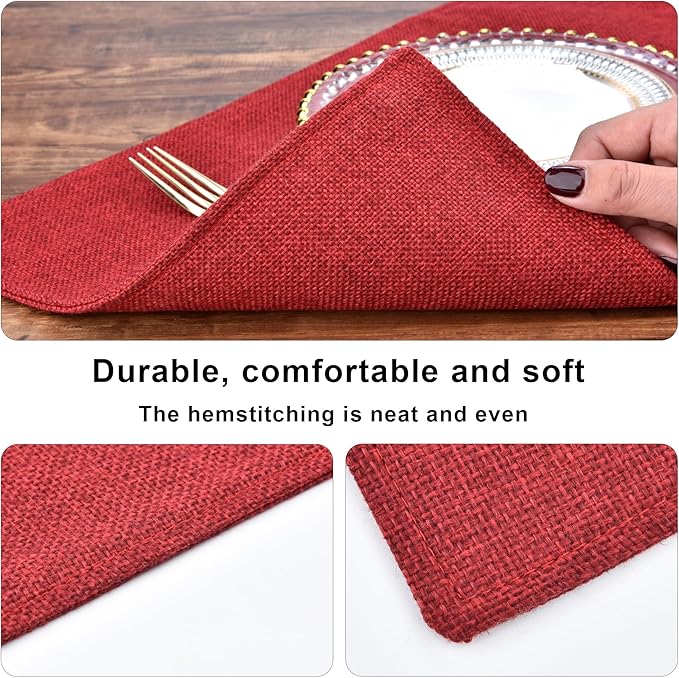 Red Christmas Placemats Set of 6 - Festive Easy to Clean Linen-Style Fabric Table Mats - Machine Washable & Heat Resistant Non-Slip Design for Thanksgiving and Holiday Dining (Wine Red, 6)