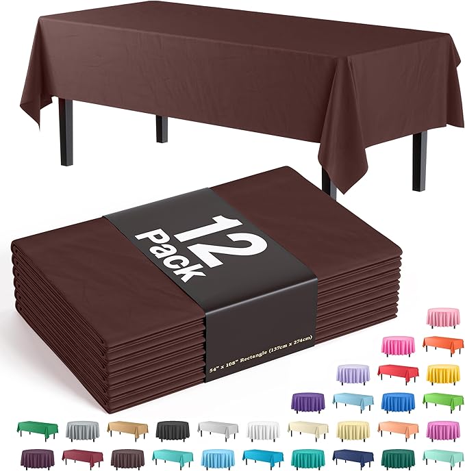 Exquisite 12-Pack Premium Plastic Tablecloth 54in. x 108in. Rectangle Table Cover - Brown