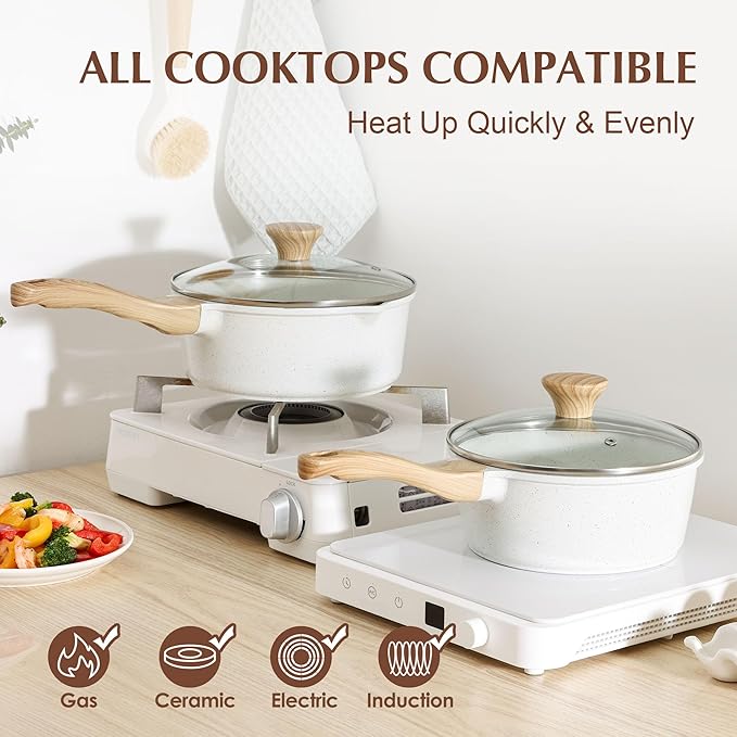 SENSARTE White Ceramic Nonstick Saucepan with Lid 2.0 Quarts, Small Cooking Pot with Stay Cool Handle, Induction Compatible Saucepot, White Granite Coating, Free of Intentionally Added PTFE/PFOA/PFAS