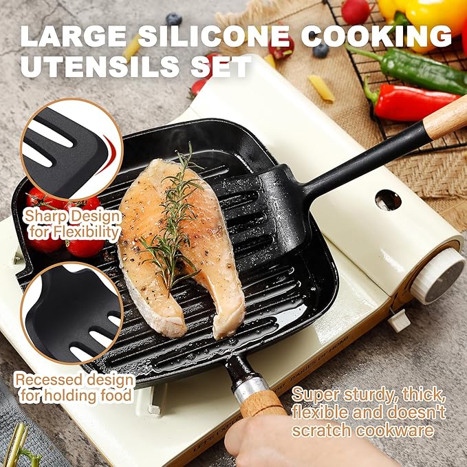 QMVESS Silicone Cooking Utensils Set, Kitchen Utensils Set 7 Pcs with Long Wooden Handle, Food Grade and Heat Resistant Large Silicone Spatula Set for Nonstick Cookware, BPA Free（Black）