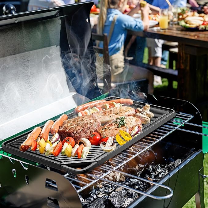 GGC Cast Iron Griddle for Gas Stove, Reversible Griddle for Gas Grills, 20 x 10 Flat and Ribbed Griddle Plate for Outdoor and Indoor Cooking