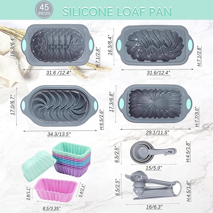 Tongjude 45 Pieces Silicone Loaf Pan for Baking Bread, 6 Cups Silicone Baking Pans Set, Fluted Cupcake, Non-Stick Kitchen Oven Baking Pans, with Measuring Cups and Spoons Set, Grey