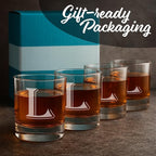 (L-Monogram)- 4 Piece Set of 11 Ounce Engraved Heavy Base Rocks Glasses Elegant Glass-Multi-Purpose Beverage-Rocks Glass- Gift for any Occasion- By: On The Rox