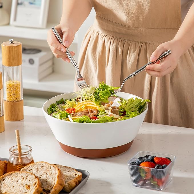 MALACASA Serving Bowls, 105oz Large Salad Bowls for Party, Entertaining, Big Ceramic Bowls for Soup, Fruit and Pho, 2-Pc Wide Bowl Set, White & Brown