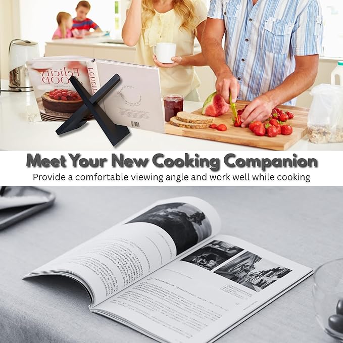 Cookbook Stand for Kitchen, Recipe Book Holder for Kitchen Counter, Wooden Cookbook Holder, Rustic Cook Book Holder Stand - Black