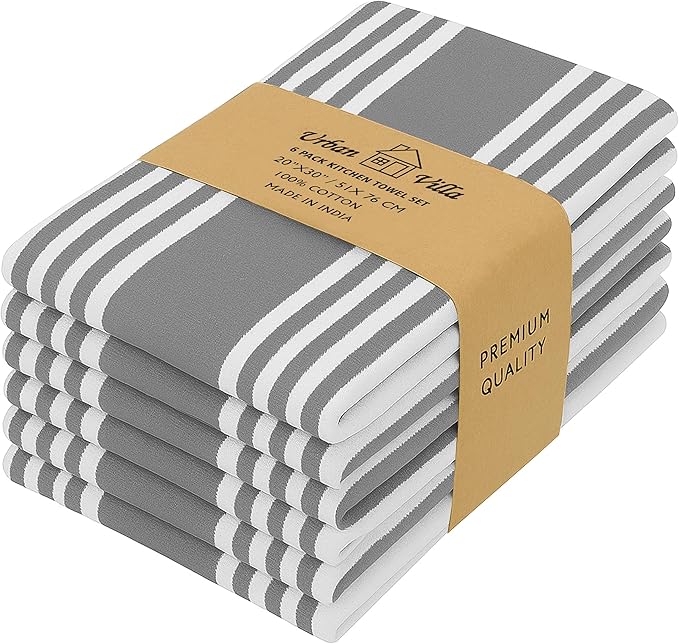 Urban Villa Kitchen Towels 100% Cotton Pack of 6, Highly Absorbent Quick Drying Super Soft Premium Dish Towel for kitchen with Hanging Loop Hand & Tea Towels - 20x30 Inch, (Dove Grey & White, Striped)