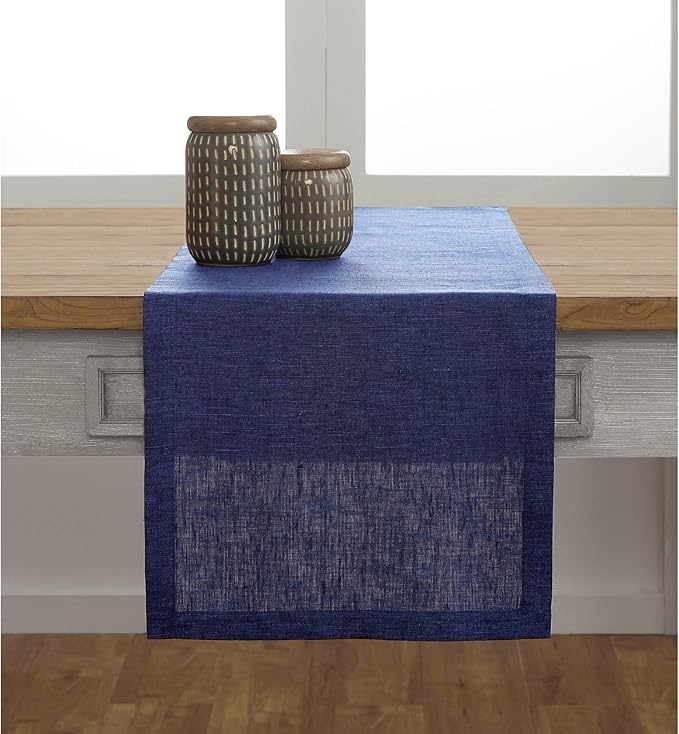 Solino Home Linen Short Table Runner 36 Inches - Athena, 100% Pure Linen Chambray Navy Table Runner 14 x 36 Inch Ideal for Dresser and Coffee Tables - Summer, Fall, Autumn, Halloween
