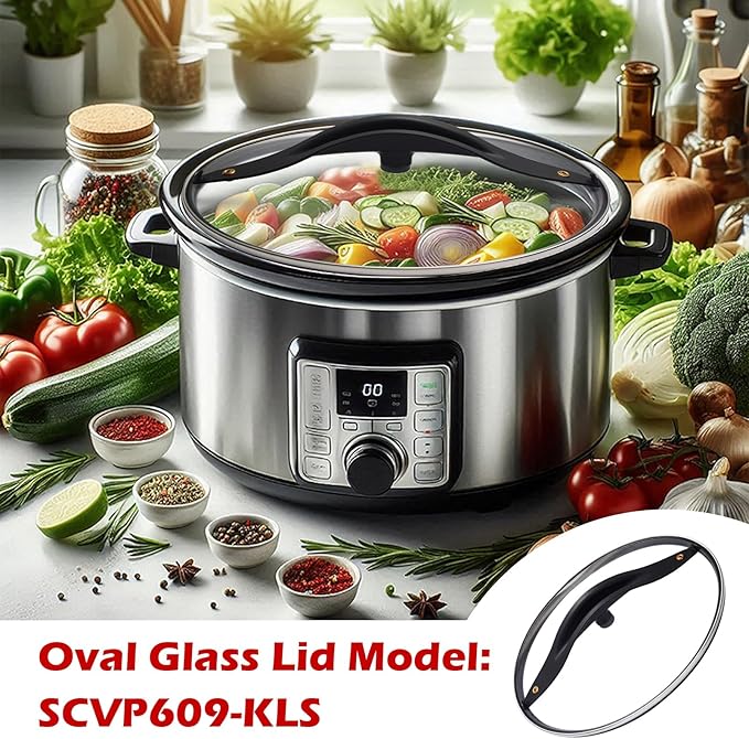 SCVP609-KLS Oval Glass Crock Pot Lid Compatible with Rival and Hamilton Beach Black Decker 6-Quart Crock Pot & Slow Cooker