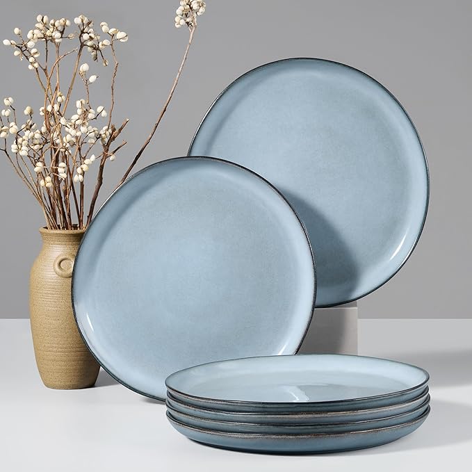 HaWare Stoneware Dinner Plates Set of 6, 10" Heavy Duty Ceramic Plates, Reactive Glaze Dinnerware for Home Restaurant, Chip and Scratch Resistant, Microwave and Dishwasher Safe, Reactive Foggy Blue
