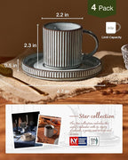 famiware Star Espresso Cups and Saucers Set of 4, [ Mini ] 3 oz Ceramic Small Coffee Mug with Handle, Ribbed Stoneware Demitasse Cup for Tea, Latte - Microwave & Dishwasher Safe - Smoky Blue