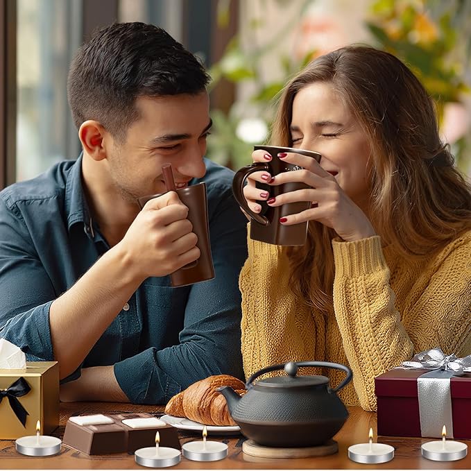 Honeydak 2 Set Chocolate Fondue Mug with Fork and Candle Sweet Ceramic Personal Chocolate Melting Cup Ideal Gifts for Birthday Date Night Birthday Wedding Gifts (Brown)