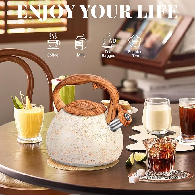 GGC Tea Kettle for Stove Top, Loud Whistling Kettle for Boiling Water Coffee or Milk, 3.1 Quart Stainless Steel Art Line White Pot with Wood Pattern Handle, Unique Button Control Outlet