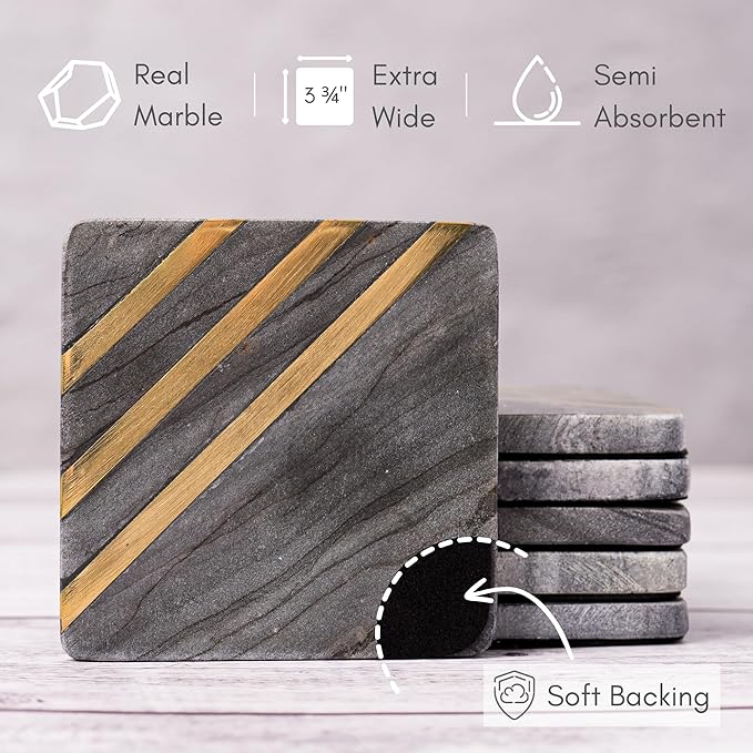 Cork & Mill Grey Marble Coasters Set of 6 - Real Natural Stone Gray and Black Coasters for Drinks - Luxury Gold Aesthetic - Modern Coffee Table Decor - Semi Absorbent Stone