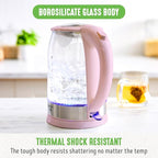 GreenLife 1.7 Liter Glass Electric Kettle, Easy One Touch Use, Quick Heating, Filtered Spout, LED Base, Auto Shut-Off, Cordless Serving, Coffee and Tea, Pink