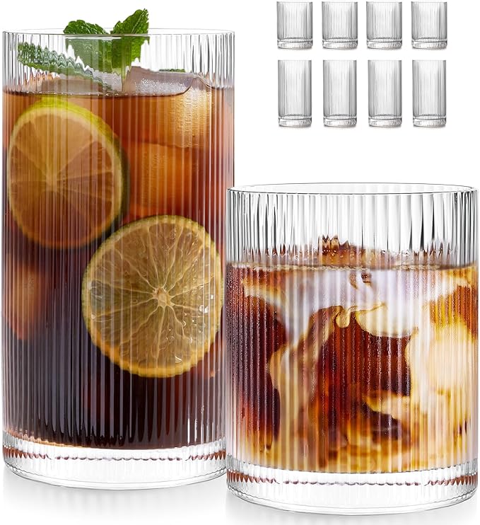 LUNA & MANTHA Ribbed Glasses Drinking Set of 8-17oz Large Capacity Highball Glasses, 12oz Rocks Glass Cups, Vintage Cocktail Glasses, Ideal for, Water, Ice Coffee Cup, Whiskey, Mixed Drinkware