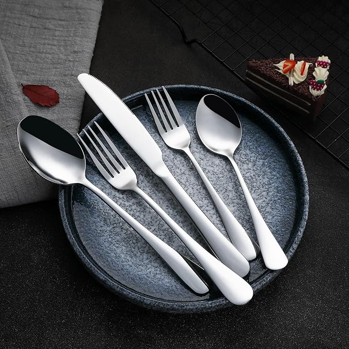 VANDBAO Silver Flatware Cutlery Silverware Set 20 Pieces, Stainless Steel Colorful Utensils, Tableware Set Service for 4, Include Knife/Fork/Spoon, Reusable, Mirror Polished, Dishwasher Safe