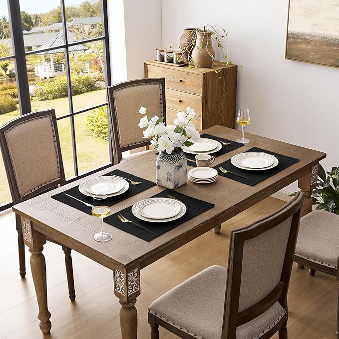 Romanstile Cloth Placemats Set of 8-12 x 18 Inch, Heat Resistant Double Layered Thickened Burlap Place Mats, Washable Faux Linen Farmhouse Table Mats for Kitchen/Dining/Party/Outdoor, Black