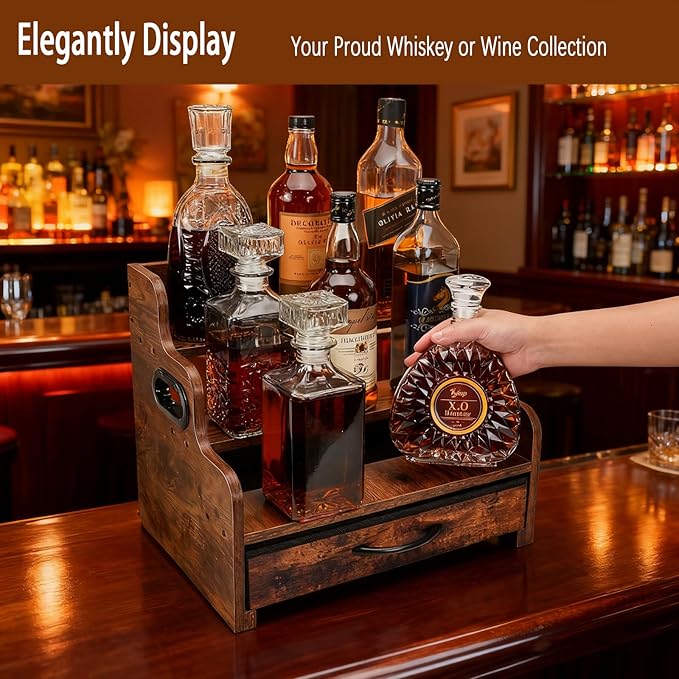 3-Tier Liquor Bottle Display Shelf with Drawers- Holds 12 Bottles & 36 K-Cups, Tabletop Wine Rack, Coffee Syrup Rack, for Mini Bar, Whiskey, Spice Storage, Kitchen Organizers