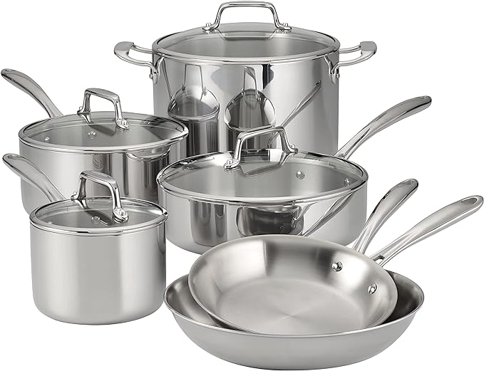 Tramontina Tri-Ply Clad Stainless Steel 10-Piece Cookware Set with Glass Lids, Pots and Pans Kitchen Set, Induction-Ready, Dishwasher-Safe, NSF-Certified