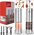 【LARGE CAPACITY】Electric salt and pepper grinder set with Storage Base：USB Rechargeable，Stainless Steel Body Automatic Pepper Mills with Adjustable Coarseness (Stainless Steel Set)