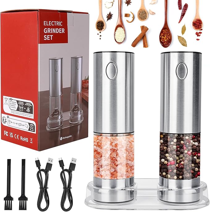 【LARGE CAPACITY】Electric salt and pepper grinder set with Storage Base：USB Rechargeable，Stainless Steel Body Automatic Pepper Mills with Adjustable Coarseness (Stainless Steel Set)