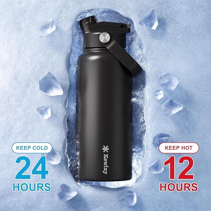 32 oz Insulated Water Bottle, 2-in-1 Lid, Straw & Spout with Protected, Leak Proof, Keep Cold, Stainless Steel, Metal, Reusable, Handle, for Outdoor, Gym and School, 2 Lids, Midnight Black