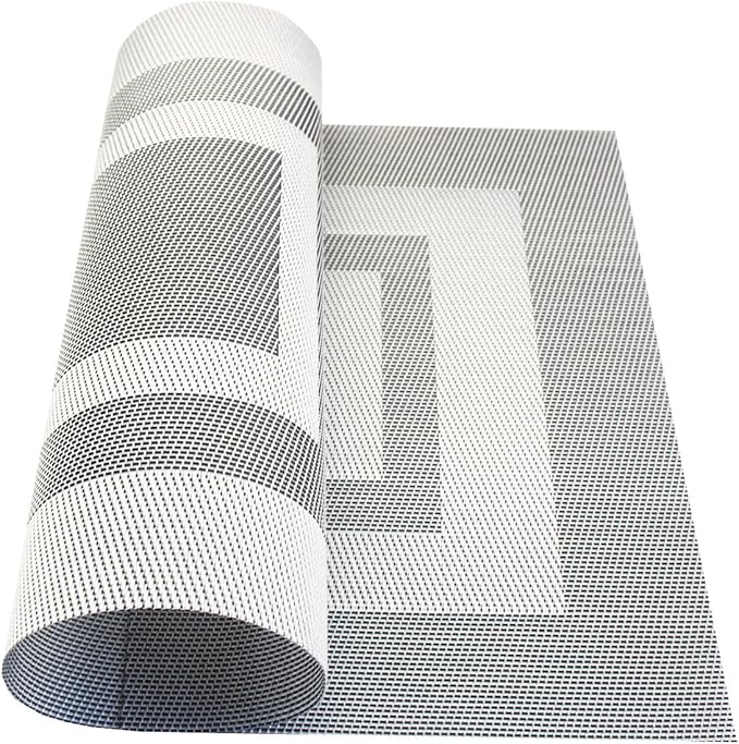 PIGCHCY Placemats - Heat Resistant, Washable Woven Table Mats - Durable Vinyl - Set of 4 (Silver Black)