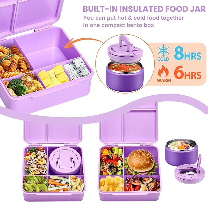 Bento Lunch Box with 8oz Soup Thermo,Kids Leakproof 4 Compartment Lunch Food Containers with Sauce Cup and Ice Pack,Kids Thermo Insulated Hot Food Jar and Lunch Bag for School,Trvael-Purple